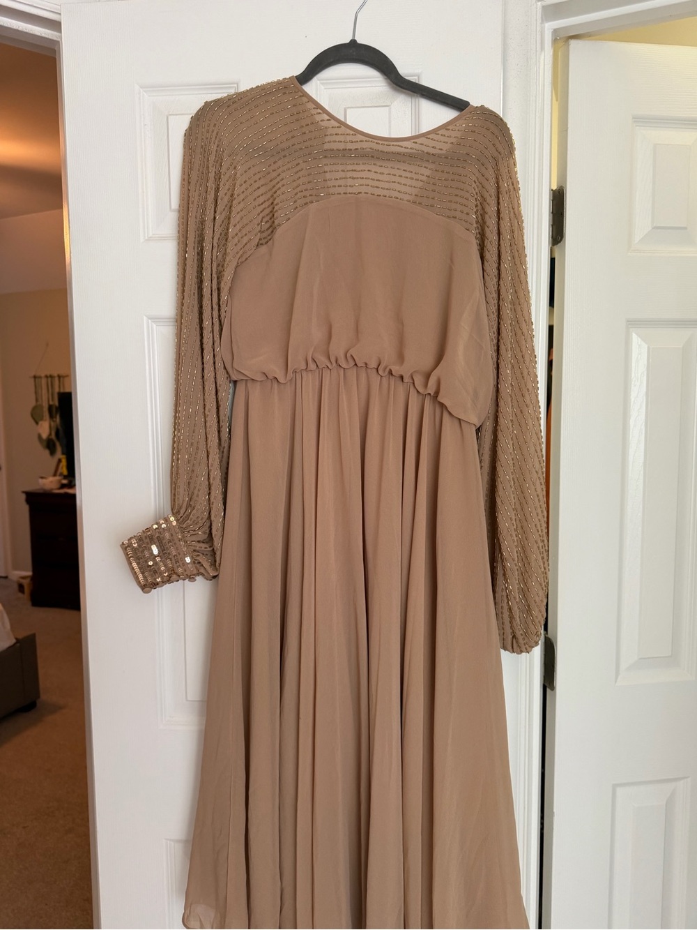 ASOS Taupe Beaded Long-Sleeve Midi Dress